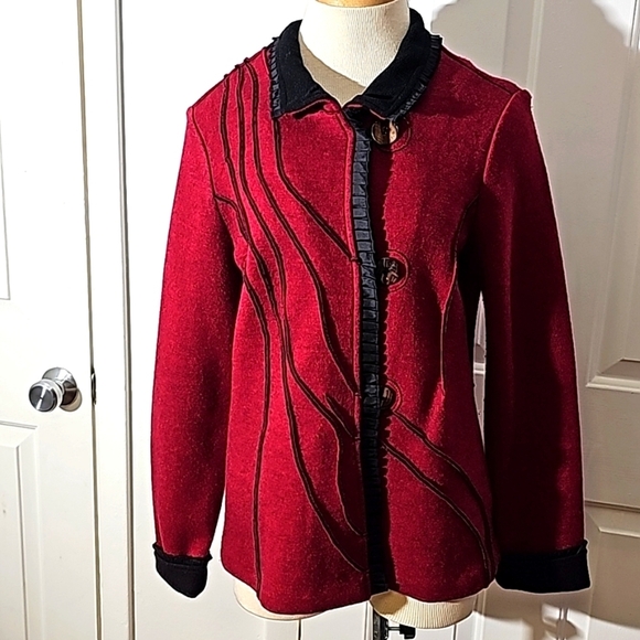 Ice Landic Nordic red wool jacket. Size medium.  Cardegan button down Black trim - Picture 1 of 11